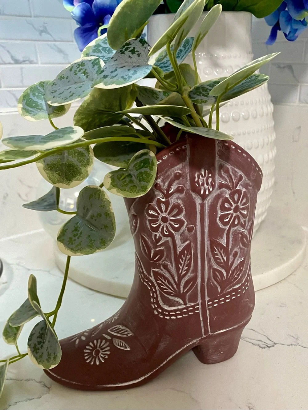 Decorative Brown Floral Cowboy Boot Vase - Home Accents